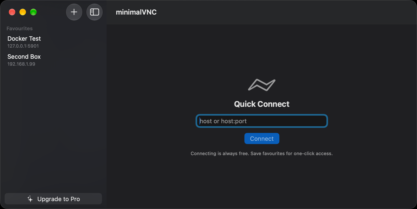 The minimalVNC home window: favourites in the sidebar, Quick Connect on the right