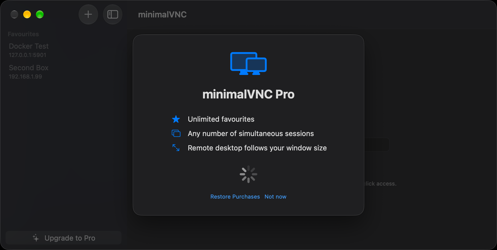 minimalVNC Pro upgrade screen